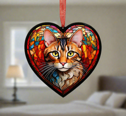 Bengal Cat Stained Glass Effect Heart Suncatcher